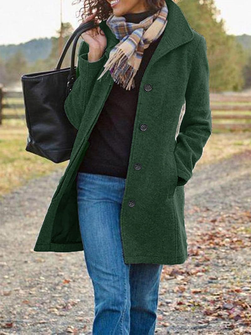 utcoco Women's Casual Thicken Single Breasted Pea Coat Stand Collar Mid Long Wool Coats with Pockets - Image 2