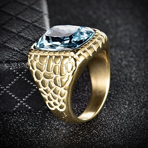 MASOP Engraved Stainless Steel Mens Ring Blue Synthetic Aquamarine Cubic Zirconia Gold Color Luxury4