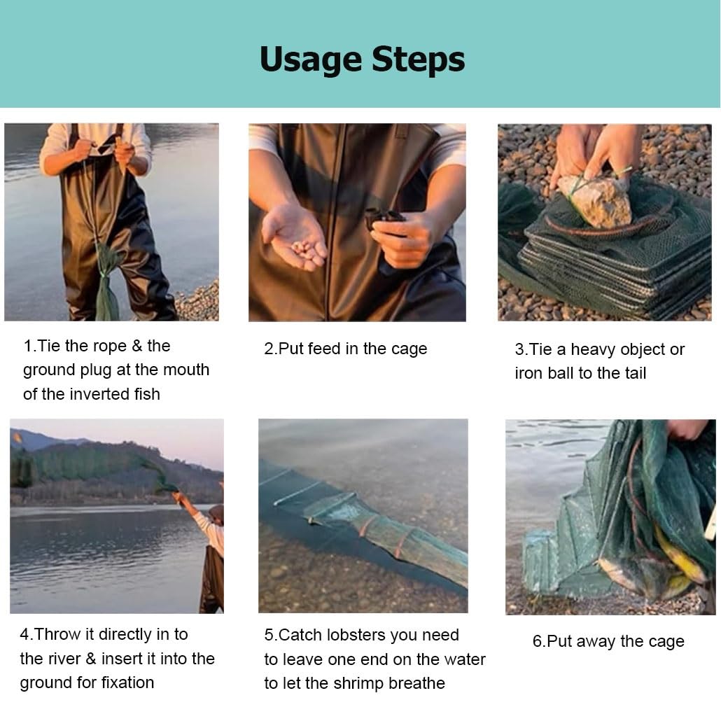 Trampa de Cebo Plegable for camarones y cangrejos de 7,9 a 52,5 pies de Largo, Red de Pesca en Agua Salada, Captura automáticamente más Peces fácilmente