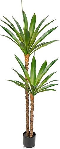 Árbol artificial para interiores de 5.2 pies, árbol de yuca tropical falso con 2 cabezas en maceta, plantas falsas de dracaena, palmera en maceta,