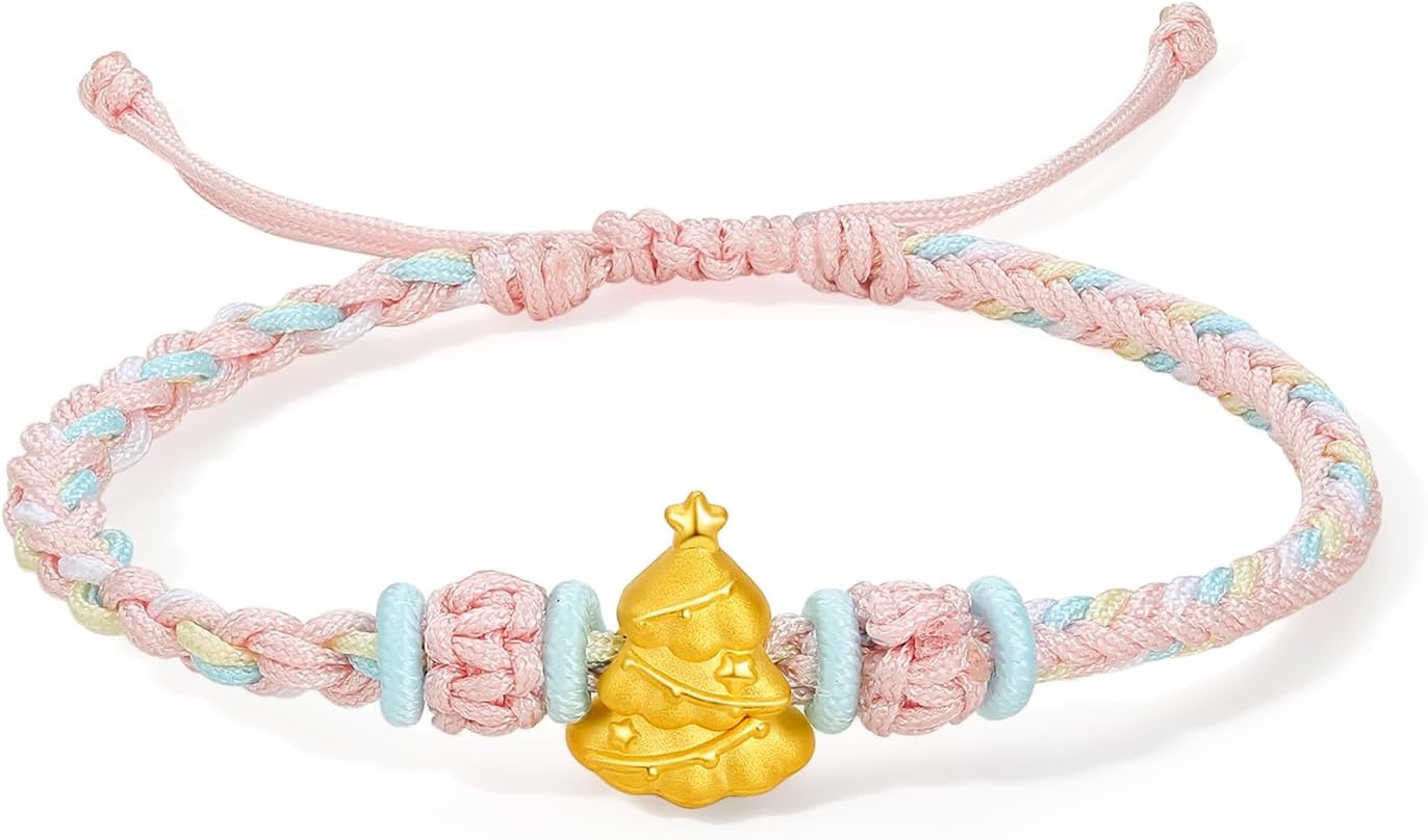 24K Solid Gold Bracelets Cute Christmas Tree Charm Adjustable Braided Bracelet Pink Friendship Jewelry for Women Mom Gifts Festive Christmas New Year Birthday 6.3-8.7"(16+6cm) A1714516