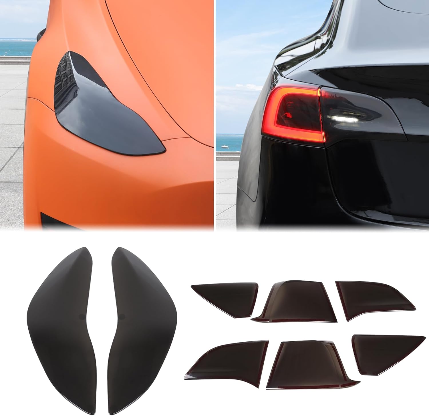 Car Front Headlight & Taillight Lamp Trim Cover Kit Compatible with Tesla Model 3/Y 2017-2023, Front Headlamp Cover+Rear Taillight Lamp Shell Shade Smoked Black Frame Bezels Protector ABS Accessories