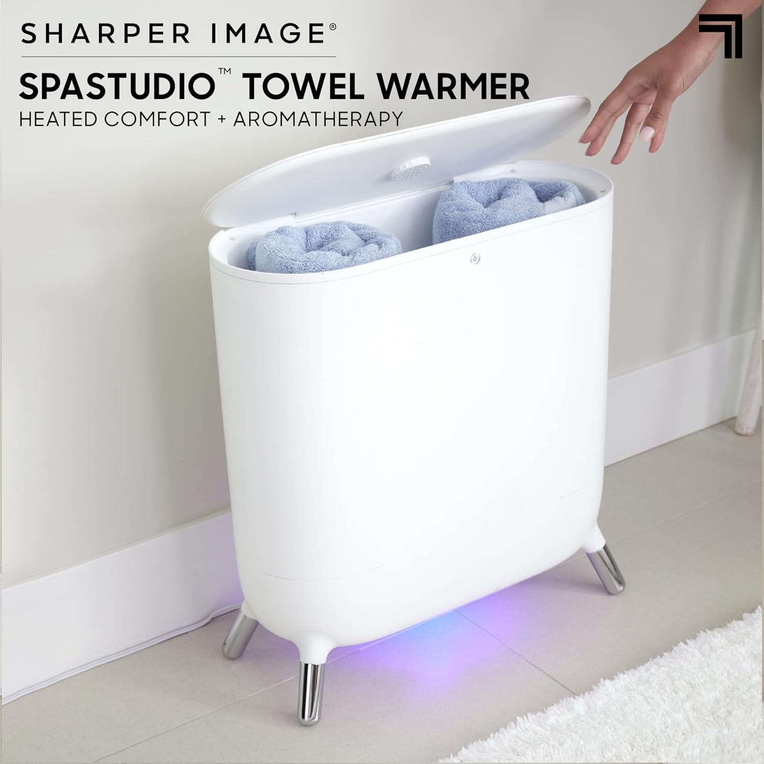 Sharper Image SpaStudio Towel Warmer Holder, Heated Comfort + Aromatherapy, Large Capacity, Warms 3 Towels, Bath Sheets, Bath Robe, Auto Shutoff, Quick Heating, Essential Oil Diffuser Discs