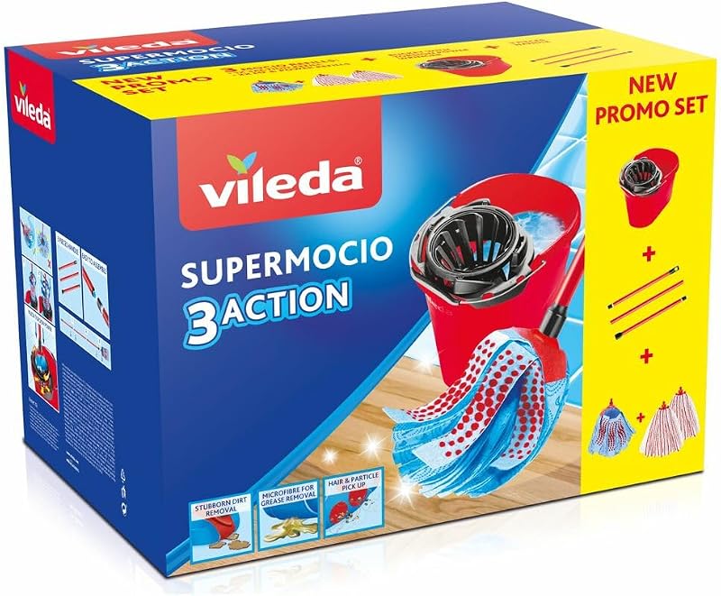 Súprava na vytieranie Vileda SuperMocio 3Action XL s hlavicou z mikrovlákna a násadou, 2 oválnymi náhradnými hlavicami, technológia Triple Action