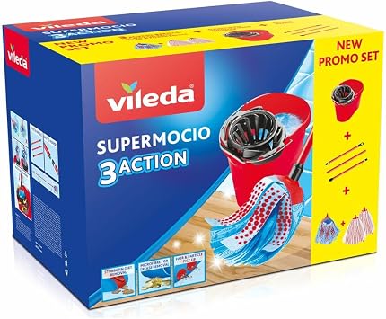 Vileda SuperMocio Box with Bow 3Action XL and Two Microfibre Bows and Power, Plastic/Microfiber, Red