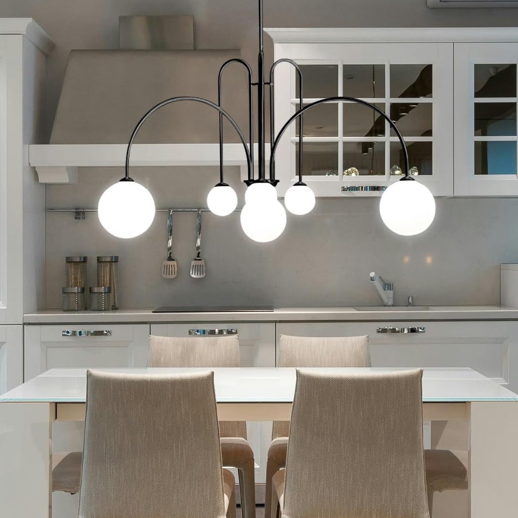Lampadario Moderno Rotondo Lampadario Creativo A 6 Luci Con Sfera Di Vetro Bianco Adatto A Soggiorno Interno Camera Da Letto Sala Da Pranzo Cucina Caffè (fonte Di Luce Non Inclusa)(Nero)