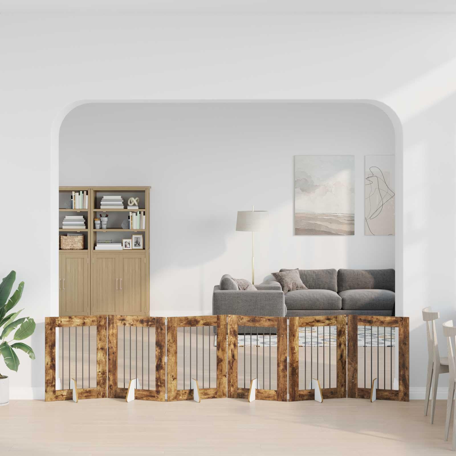 Cancelletto per cani con supporto, 6 pezzi, in rovere affumicato, 60 x 80 cm, pieghevole e trasportabile, barriera interna per cani, box sicuro e recinto per cuccioli e animali domestici