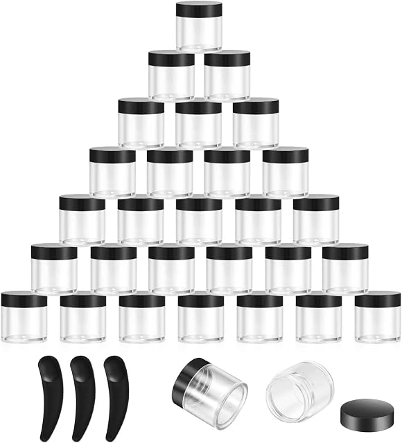 30 Sztuk Pustych Pojemników na Krem z Pokrywkami, Mini Słoiczki Kosmetyczne, 10 ml Pojemniki na Balsam do Ust z 3 Mini Łopatkami, Zestaw Próbek Podróżnych dla Sztuki Paznokci, Kremów - Czarny