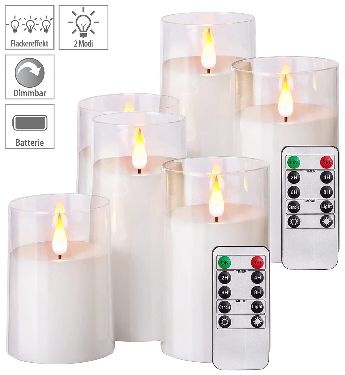 candele a led con telecomando: Set da 6 Candele LED in cera vera, con telecomando, diverse dimensioni, in vetro acrilico (realistiche, elettriche a cera, dimmer)