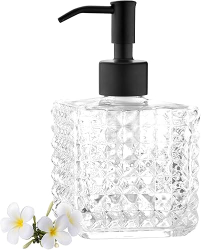 Dispensador de jabón de vidrio cuadrado negro  Dispensador de jabón de manos de 11 onzas con bomba de acero inoxidable, dispensador de loción de