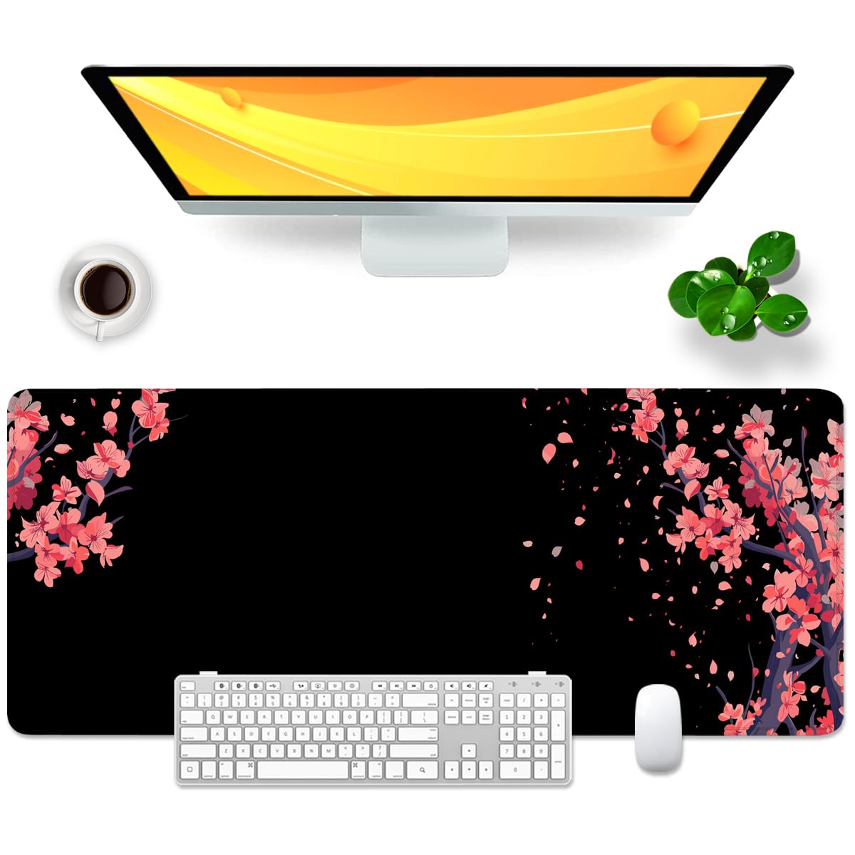 Cherry Blossom Mouse Pad Japan Large Gaming Mouse Mat Flower 31.5x11.8x0.12 inch XL Black and Pink Desk Pad (Cherry Blossom)