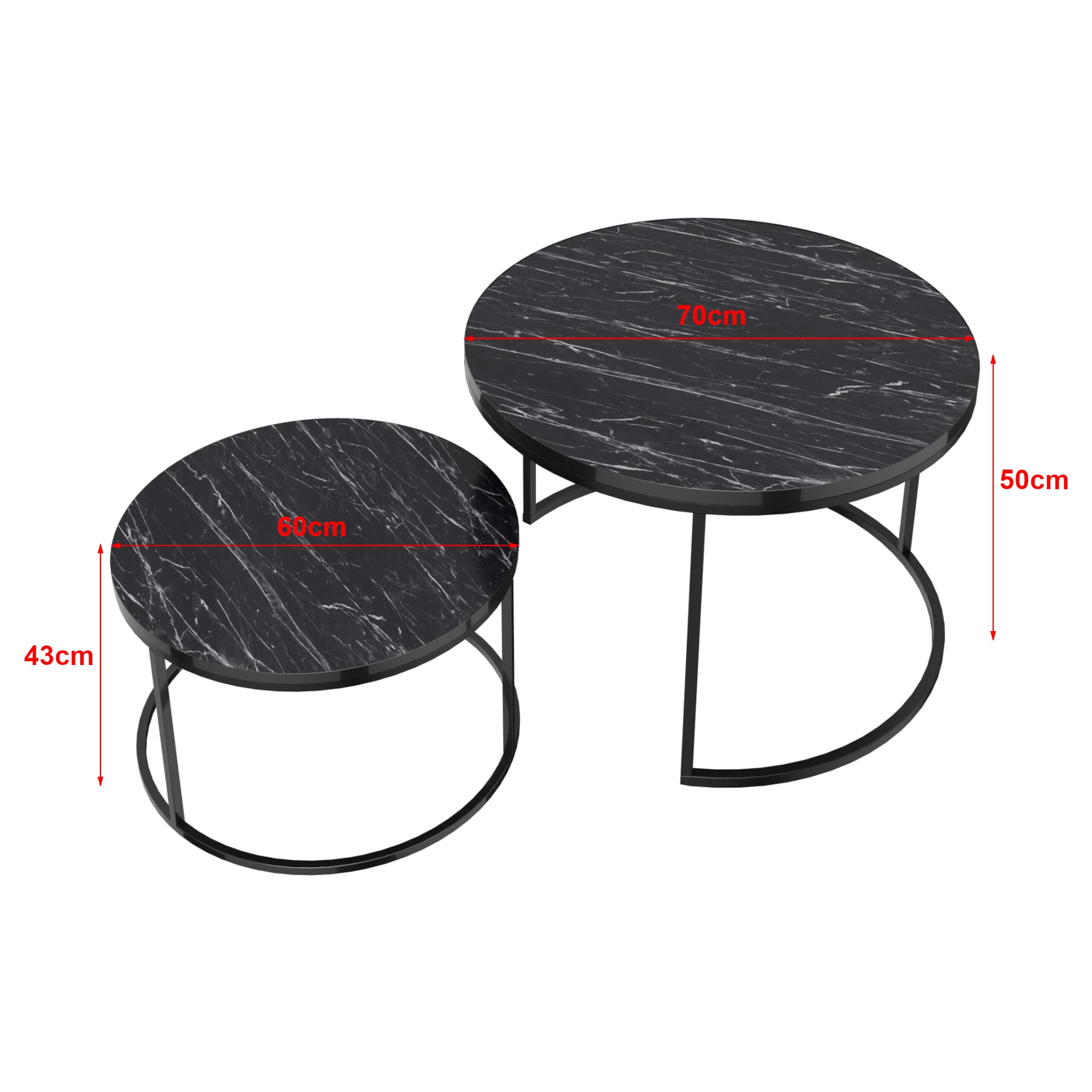 [en.casa] Couchtisch 2er Set Skagen Wohnzimmertische Beistelltische rund Satztisch Metallgestell Marmoroptik, schwarz