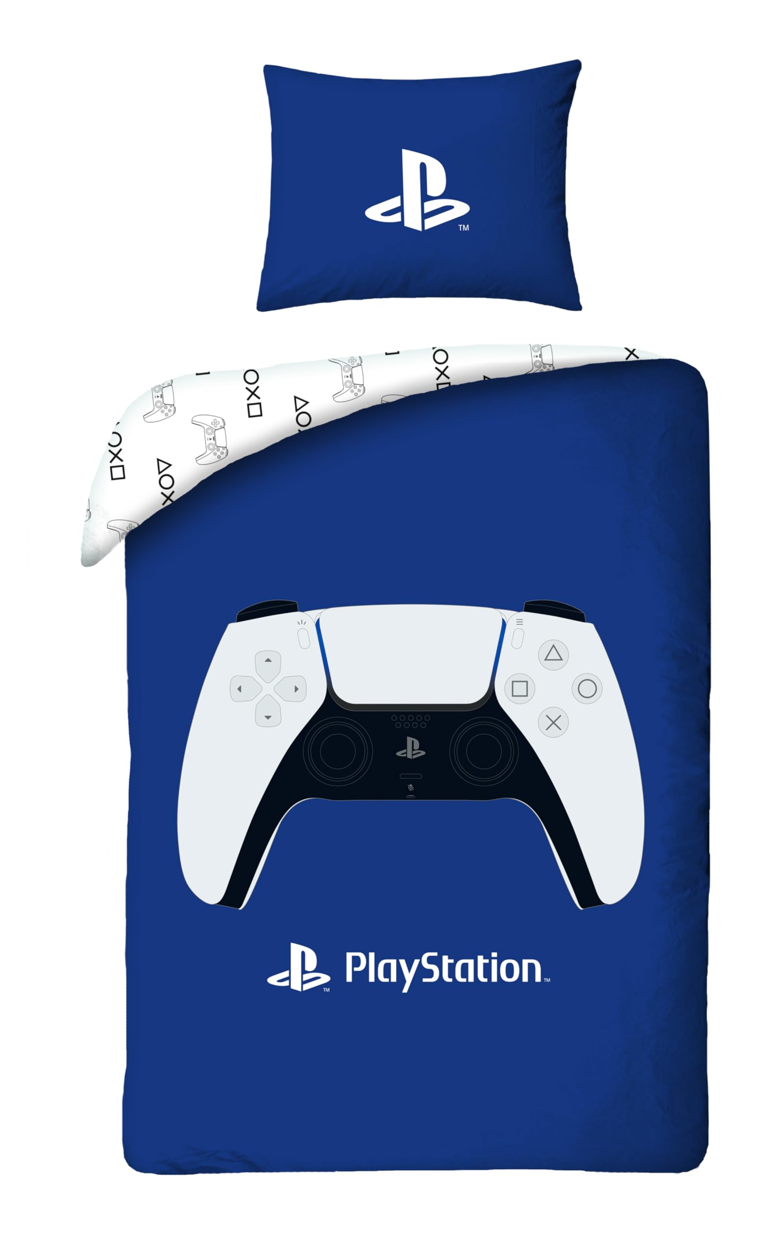 Halantex Boys Blue White Black Playstation Single Duvet Cover Set – Reversible Blue Gaming Bedding For Kids & Teens | Soft Microfibre Quilt Cover & Pillowcase | Official Playstation Gamer Bedroom Decor (Single)