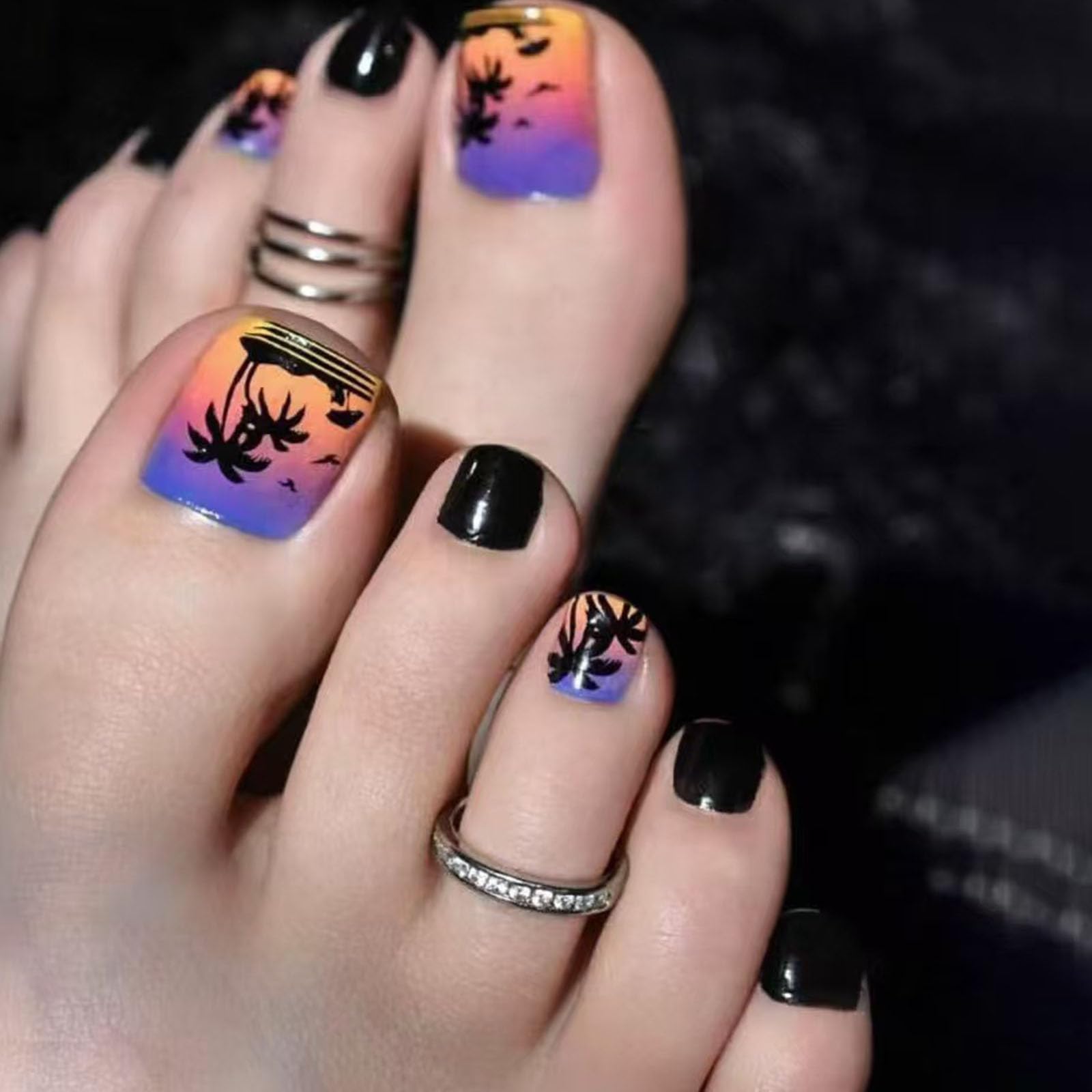 Summer Press on Toenails Short Square Fake ToeNails with Palm Designs Black Toe Nail Press ons Purple Gradient Toenail Press ons Daily Wear Nature