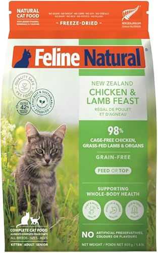 Vista 26 de Alimento para gatos seco de alta proteína Feline Natural, dieta liofilizada con 98% de carne, órganos y mariscos, sin guisantes, granos o aditivos