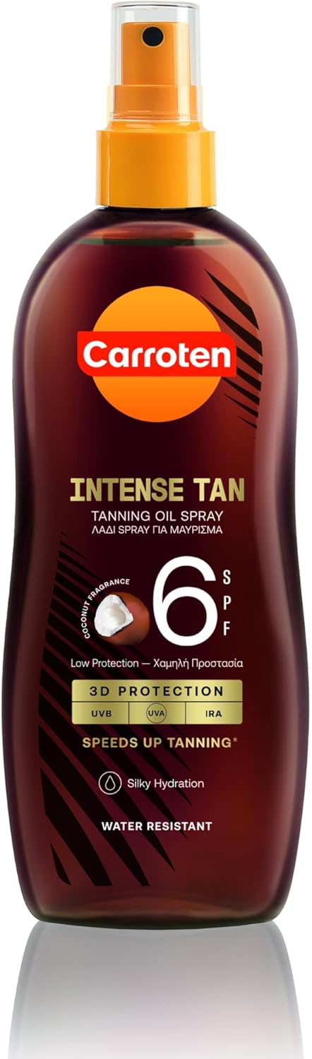 Carroten OmegaCare Tanning Oil SPF 6, 200 ml – Bruiningsversneller met kokosgeur – Zonneolie spray met zonbescherming – Zonneolie voor een snelle bruining