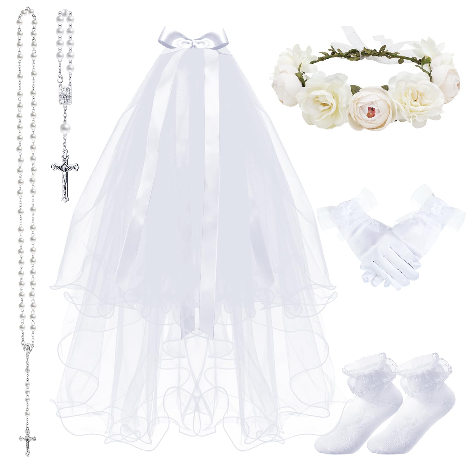 Funtery 6 Pcs First Communion Veils Girls Catholic Set 1st Communion Wreath Veil Headpiece Sock Necklace Bracelet Kid Wedding