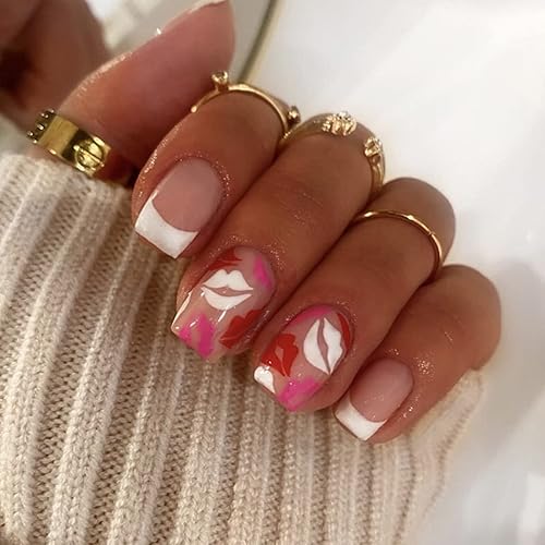 Uñas postizas a presión para el día de San Valentín uñas postizas de longitud media punta francesa cuadradas nude labios sexys exquisito diseño de
