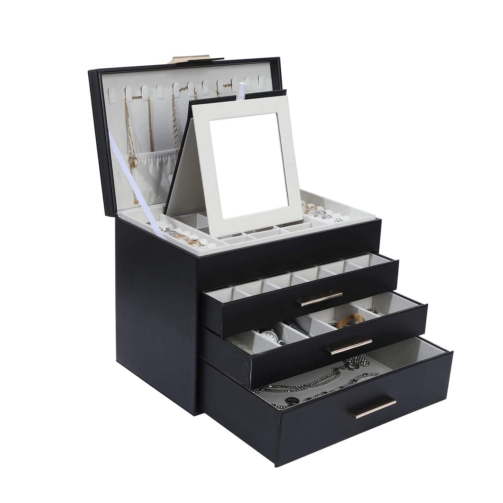 BOOVO 4 Layer Jewelry Box for Women, Jewelry Organizer Box with Necklace Hooks, 3 Drawers White Jewelry Box for Sunglasses, Necklace and Bracelet Storage (Black)