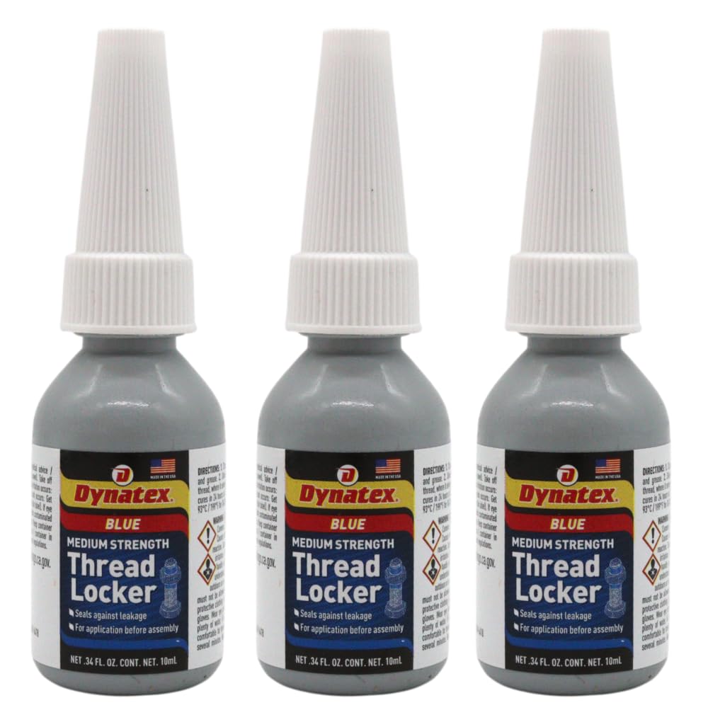 Dynatex Blue Medium Strength Threadlocker 0.34 oz Bottle - Removable with Hand Tools, Locks Fasteners on Metal, Vibration Resistant, Solvent Resistant (3-Pack)