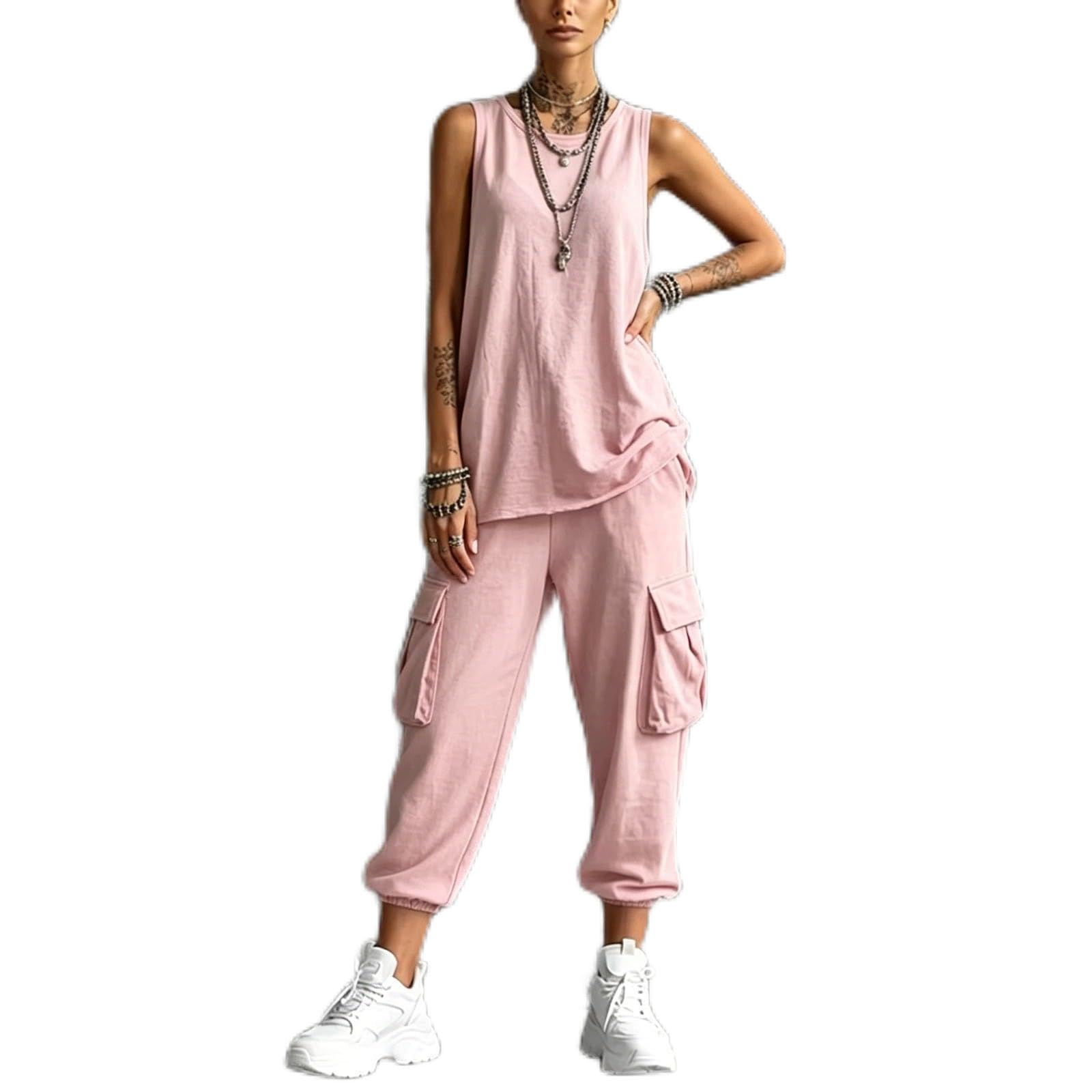 Tuta da donna per il tempo libero, in due pezzi, scollo rotondo, canotta e pantaloni per il tempo libero, tuta da jogging traspirante e comoda tuta sportiva