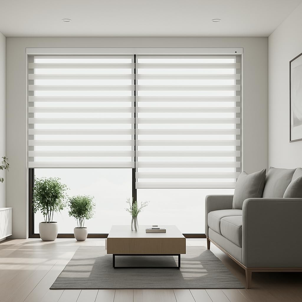 Motorized Zebra Blind with Solar Panel & Remote – Cordless, Rechargeable, Dual-Layer Light-Filtering, Easy Inside/Outside Mount – Modern White for Home & Office (32” W x 72” L)