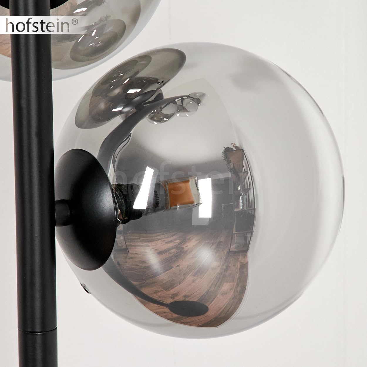 Lampada a stelo Remaisnil Lampada da terra in metallo/vetro nero/fumo/trasparente, paralume in vetro (Ø 15 cm), interruttore a pedale, 160 cm, 6 x G9