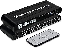 Vista 1 de Conmutador HDMI 4K 5 en 1 salida, caja selectora de conmutadores HDMI de 5 puertos con control remoto IR e interruptor automático, compatible