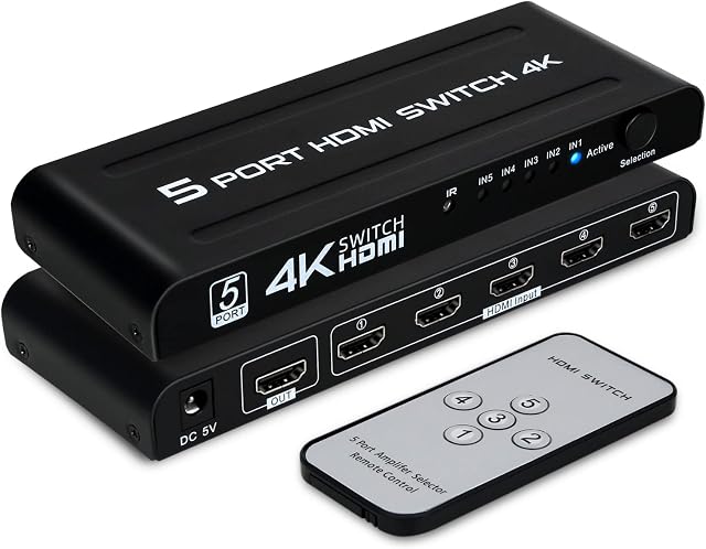 DGODRT HDMI Switch 5 in 1 Out, 5 Port HDMI Switcher Selector Box IR Remote Control & Auto Switch, Support 4K@30Hz, HDR, HDCP, 3D, 1080P HDTV PS3 PS4 Xbox Projector Blu-ray Player, Black, M (HS501-U)