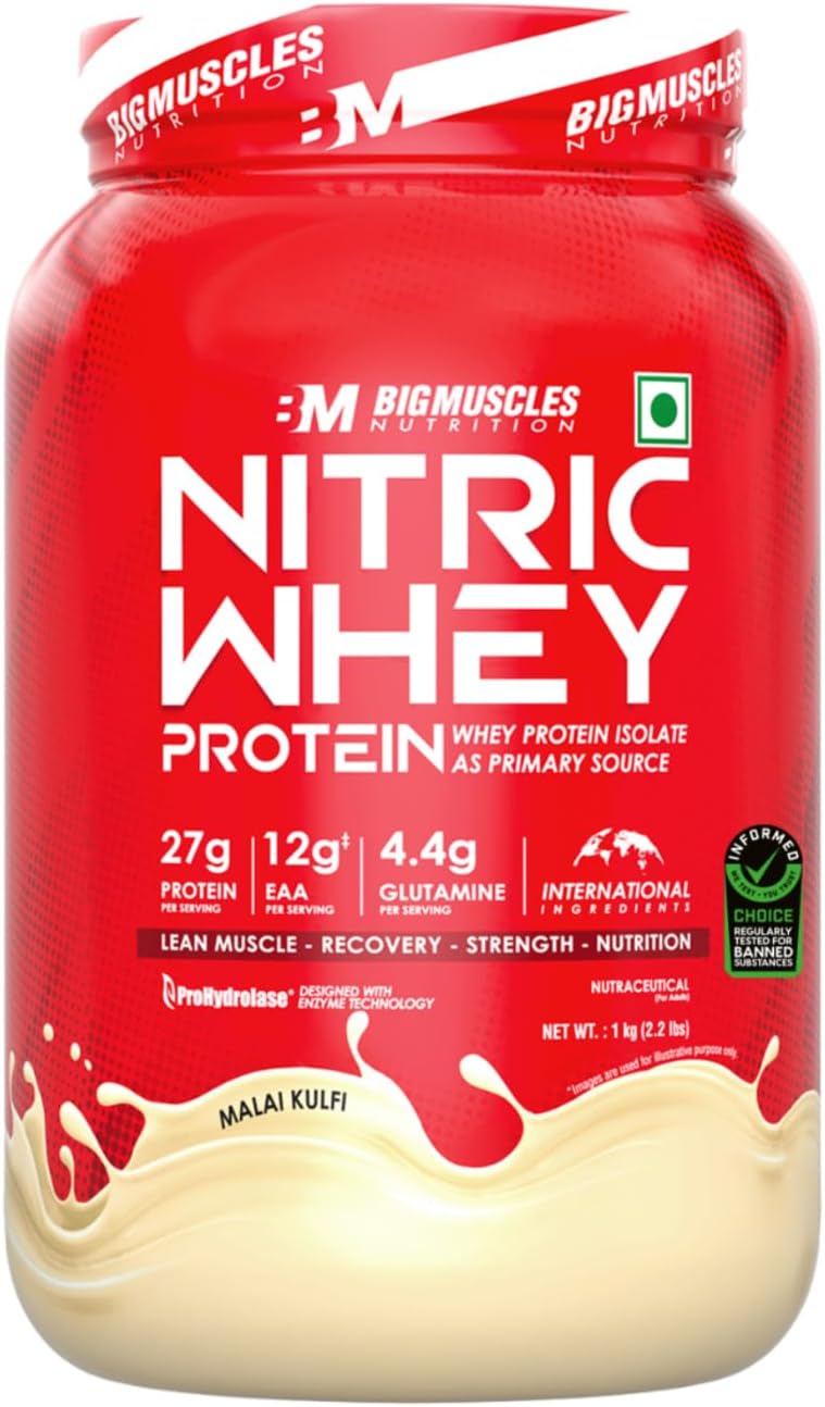 Nitric Whey protein | 27g Isolate Whey Protein | Informed Choice UK Certified | ProHydrolase Enzyme Tech. for Faster Absorption & Lean Muscle Growth | Malai Kulfi | 1Kg