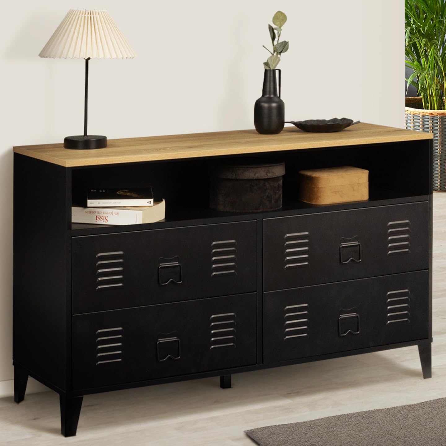 IDMarket - Commode 4 tiroirs Ester 115 cm métal Noir et Plateau façon hêtre avec Niche Design Industriel