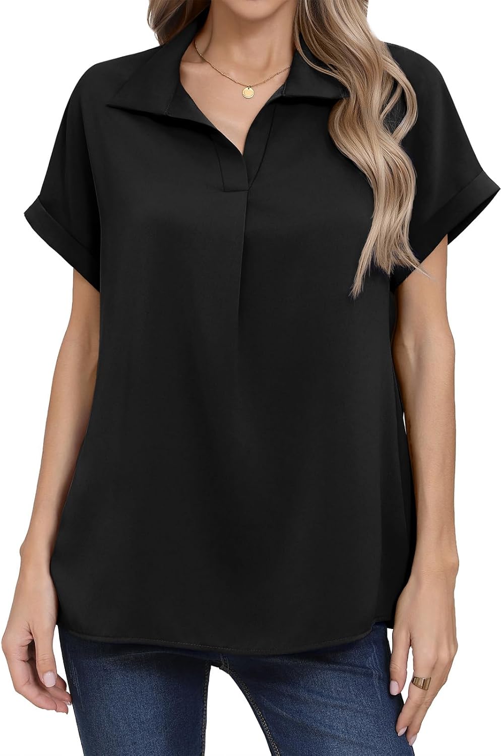 Askyes Women's V Neck Drop Short Sleeve Summer Blouses Chiffon Dressy Casual Work Shirts Tops - Image 2