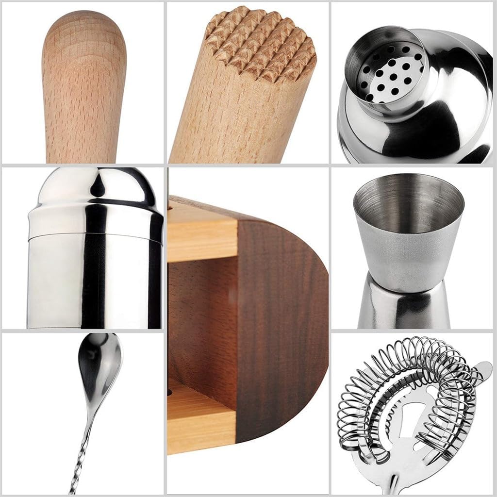 Oval Wooden Frame Contrasting Color Stainless Steel Shaker Complete Set of Cocktail Shaker Set 11 Pieces Bar Tools