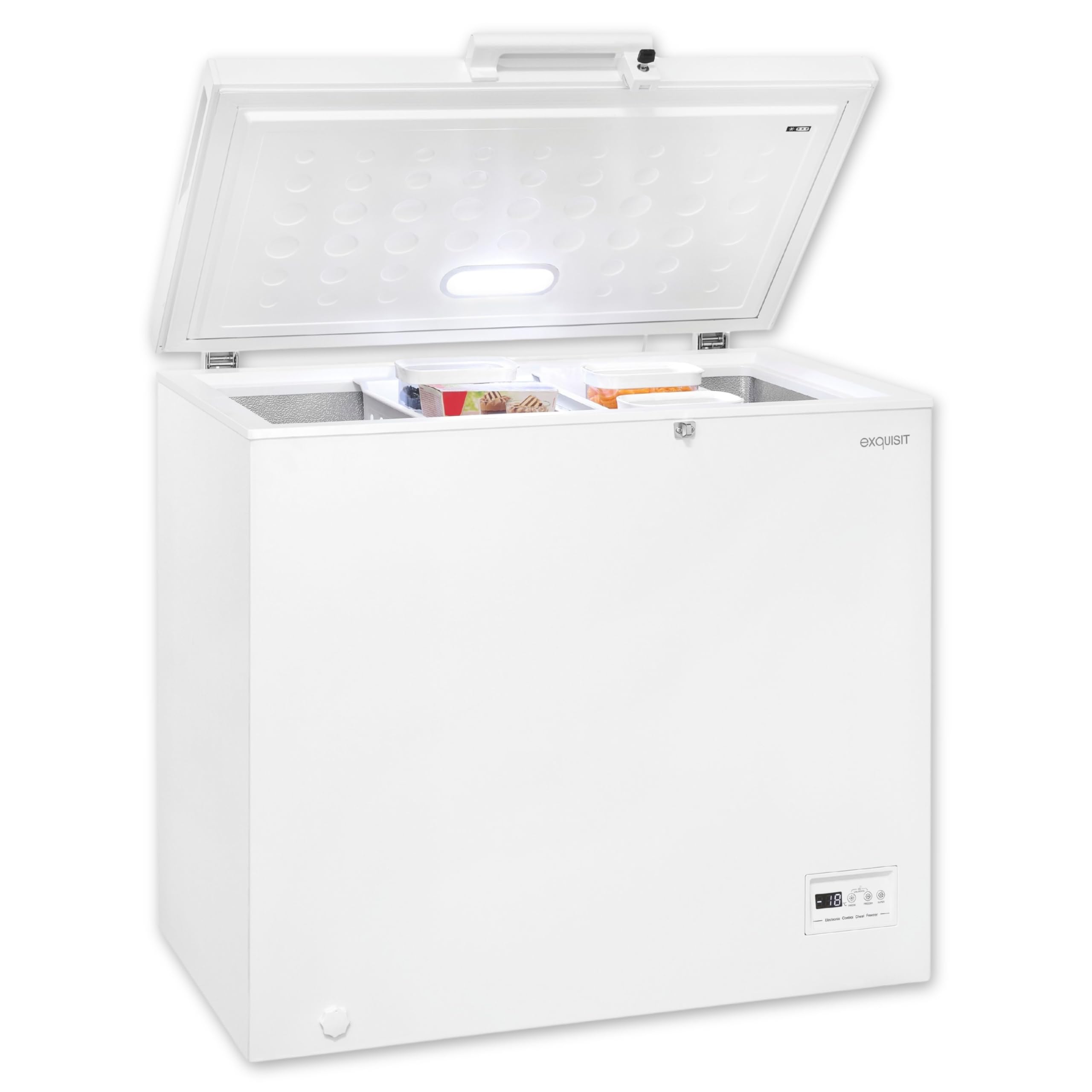 Exquisit GT201-HE-040E Gefriertruhe - 198 Liter Kühlbox mit 4-Sterne-Fach | 2-in-1 Funktion mit Kühlen & Gefrieren - Abschließbar - 200 kWh/Jahr - LED-Licht & Schnellgefrier-Modus - Inklusive 2 Körbe