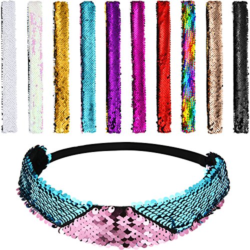 10 Pieces Sparkly Mermaid Sequin Glitter Headbands with Elastic Cord Reversible Sequin Headbands for Girls and Women, 10 Colors (1.4 Inches Wide)