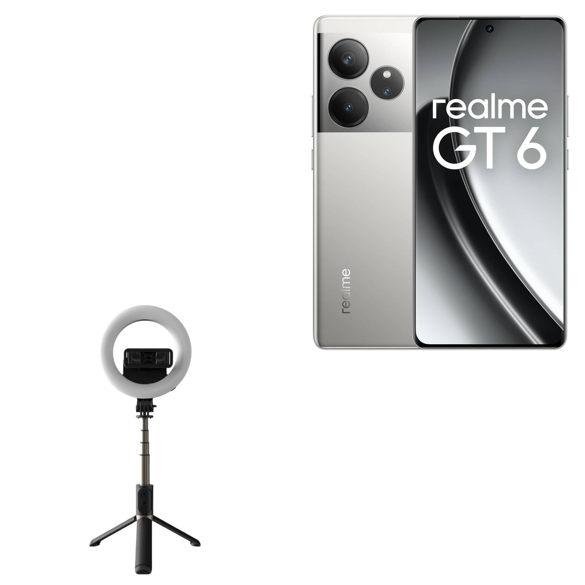 BoxWave Stand and Mount Compatible with Realme GT 6 - RingLight SelfiePod, Selfie Stick Extendable Arm with Ring Light - Jet Black
