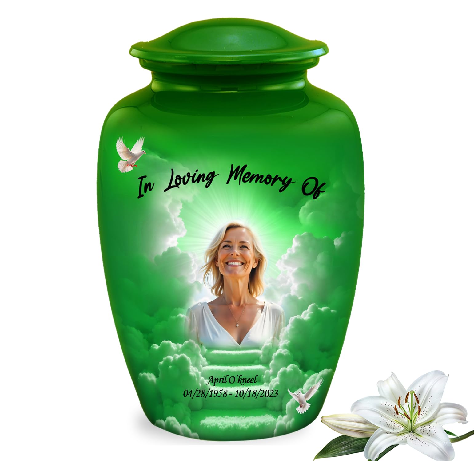Personalized Photo Print Urn - Custom Photo Cremation Urns for Human Ashes - Full Size Funeral Urns for Man and Women - Decorative Picture Memorial Urn for Ashes Upto 210 lbs (Green, Large)