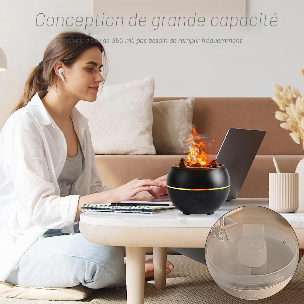 Diffuseur d'arômes pour huiles essentielles, 360 ml, lampe aromatique volcanique avec minuterie, protection automatique et veilleuse LED 7 couleurs, effet flamme pour chambre à coucher, bureau, yoga
