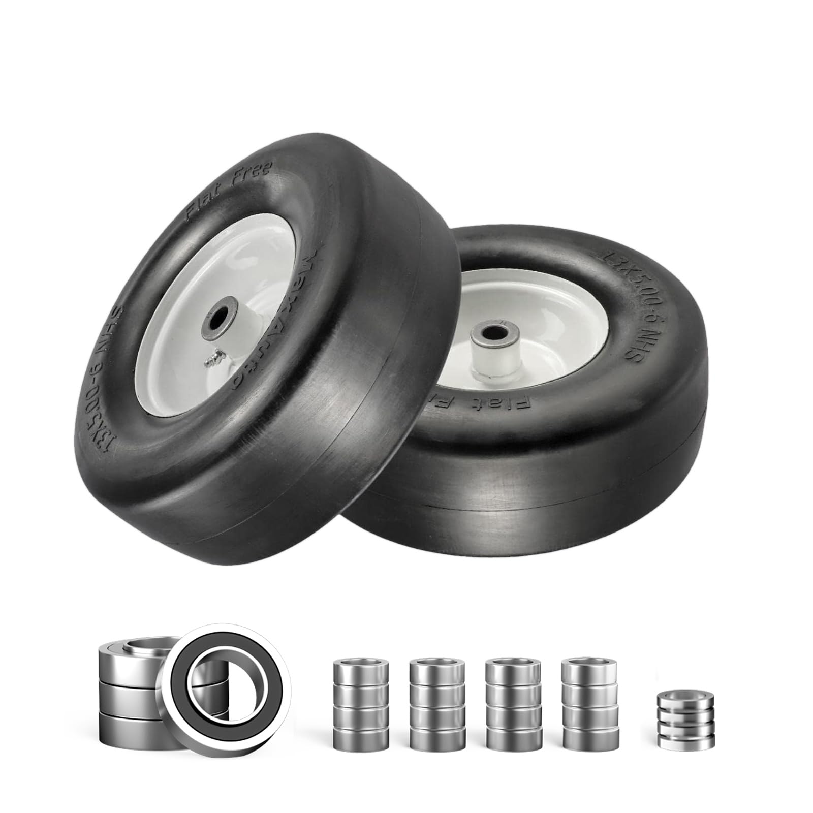 13x5-6" Flat Free Lawn Mower Tires, Zero Turn Mower Front Solid Tire Assembly for Garden Tractors, Come with Bearings and Gaskets, with 3/4" & 5/8" Precision bearings,3.25"- 7.22" Center Hub, Set of 2