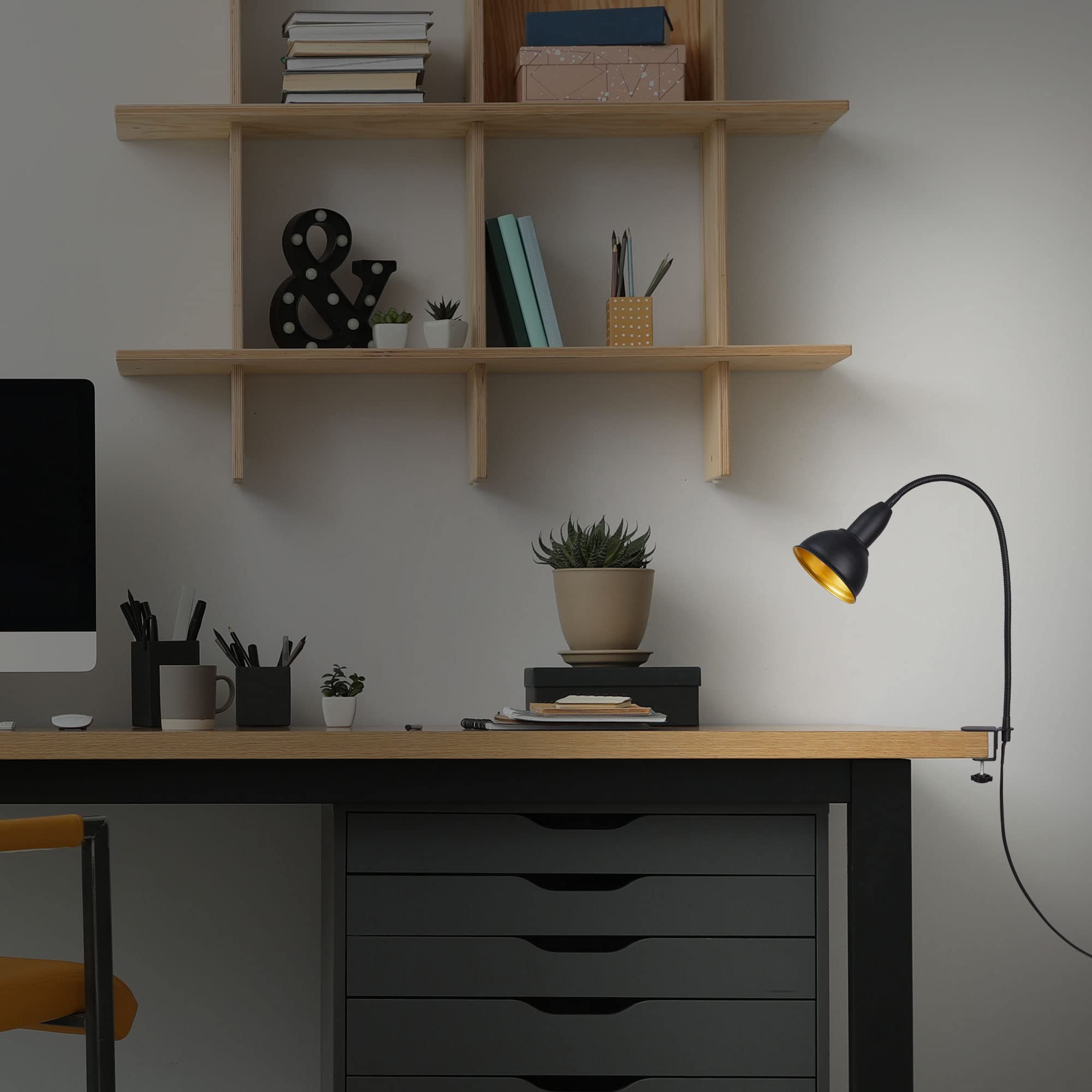 Briloner 2603-015 Lampada LED da Tavolo con Morsetto, Orientabile, Lampada da Scrivania, Stile Retrò, Interruttore On/Off, 1 Lampadina E14, Max. 25 Watt, in Metallo, Nero/Oro