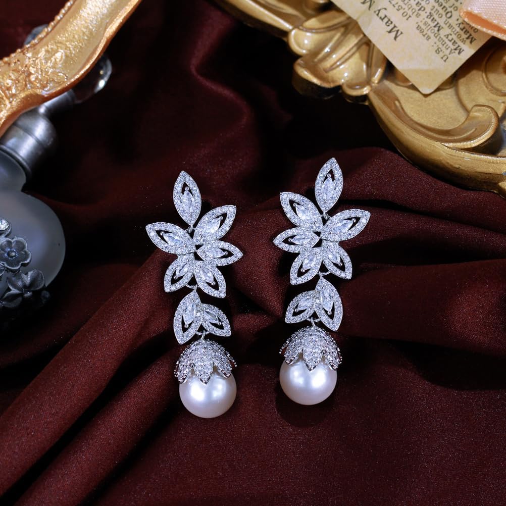 Cubic Zirconia Pearl Drop Earrings, Luxury Leaf Shape Long Dangle Wedding Earrings for Women, Clear Crystal Bridal Statement Jewelry - Image 5