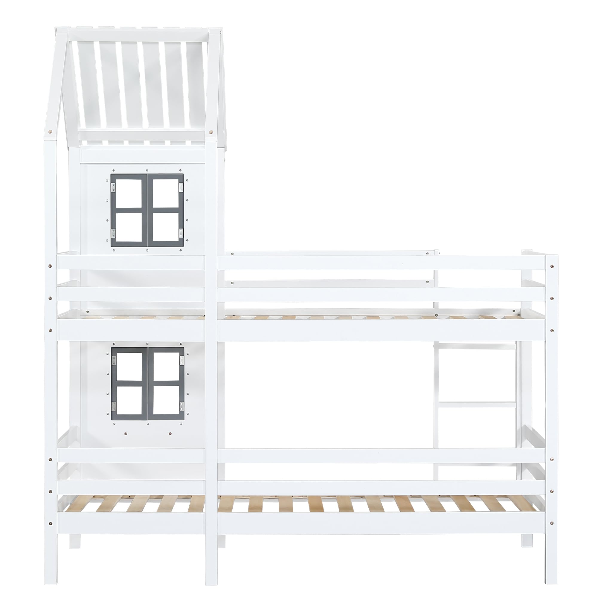 Letto a castello con corrimano e finestra, 90 x 200 cm, con protezione anticaduta e griglia, telaio in legno di pino
