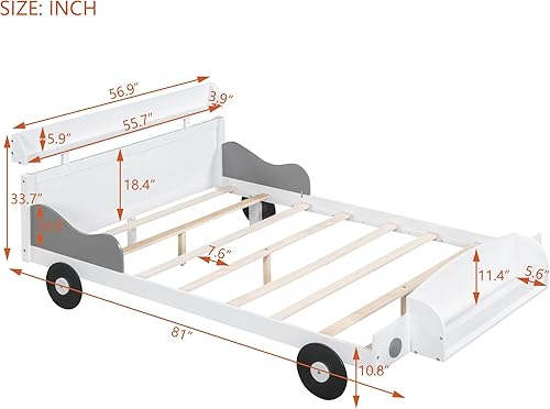 Miniatura 29 de Cama individual de automóvil para niños pequeños con estantes de almacenamiento, marco de cama baja de madera para niños, color blanco