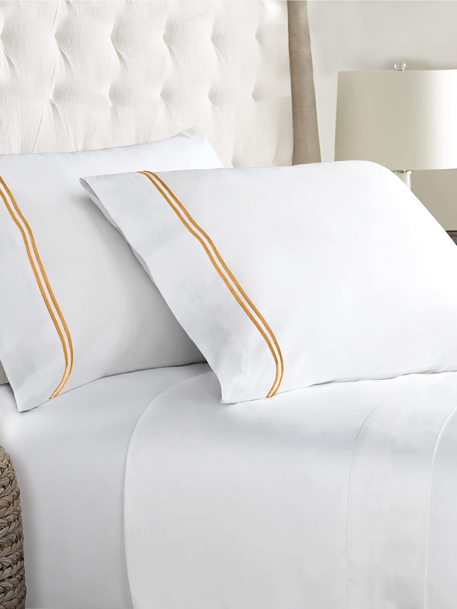 LINENWALAS 400 Thread Count White Bedsheet Cotton with 2 Marrow Embroidery Pillow Covers | Softest Long Staple 100% Cotton Silky Soft - King (108"x108") - Gold Marrow Embroidery