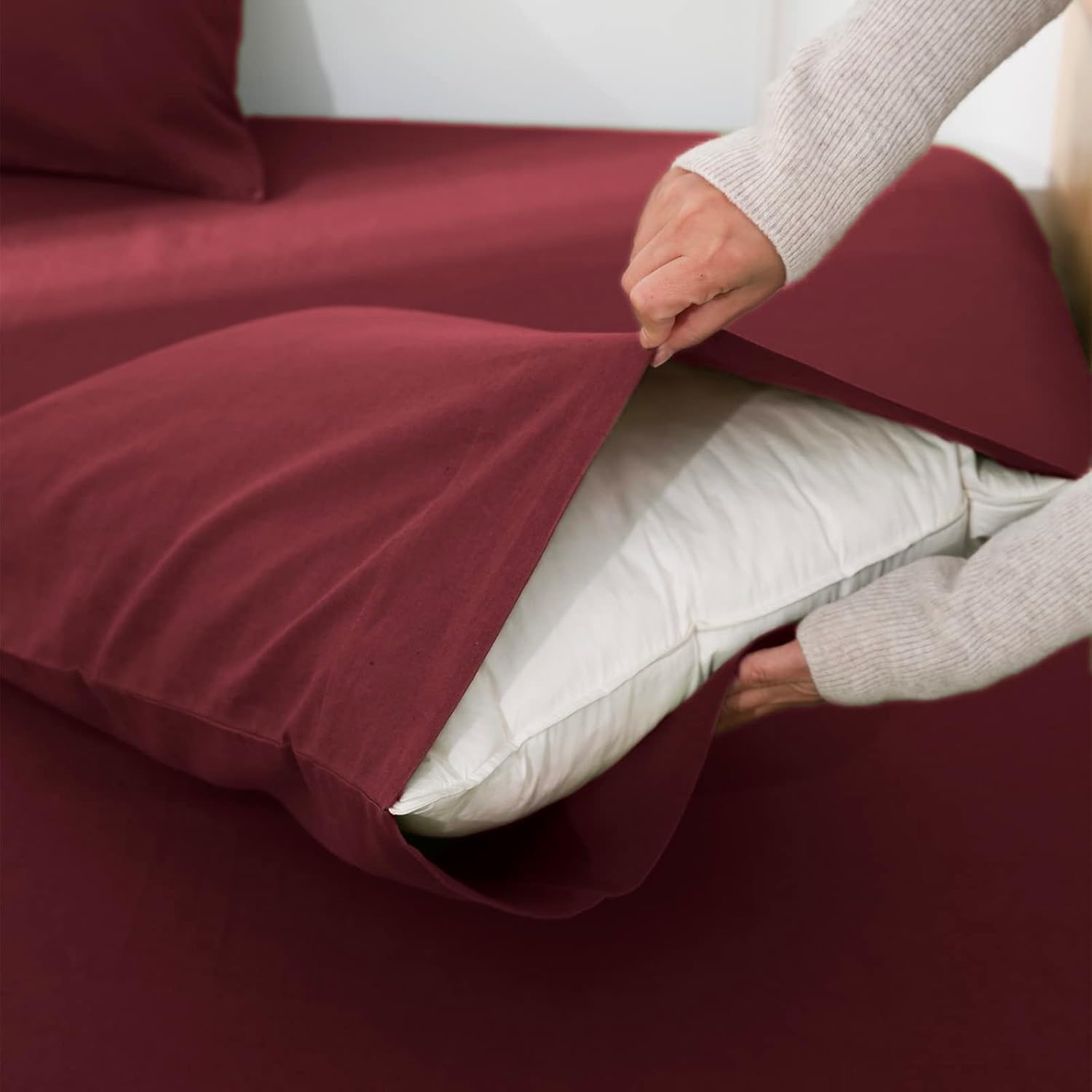 Simple&Opulence Belgian Linen Sheet Set Solid Color - 4 Pieces (1 Flat Sheet, 1 Fitted Sheet & 2 Pillowcases) Natural Flax Cotton Blend Soft Breathable Farmhouse Bedding - Full Size, Burgundy Red
