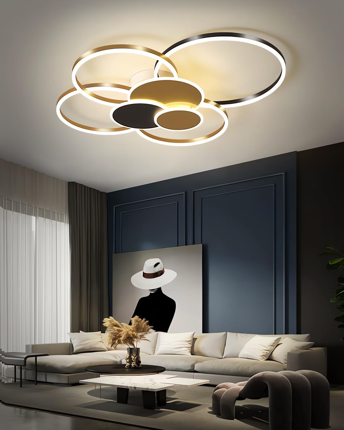 Lampadario LED dimmerabile a 7 anelli-Plafoniera moderna in metallo e acrilico con telecomando luminosità regolabile per il soggiorno la camera la sala da pranzo e l'ufficio (oro nero, 80cm)