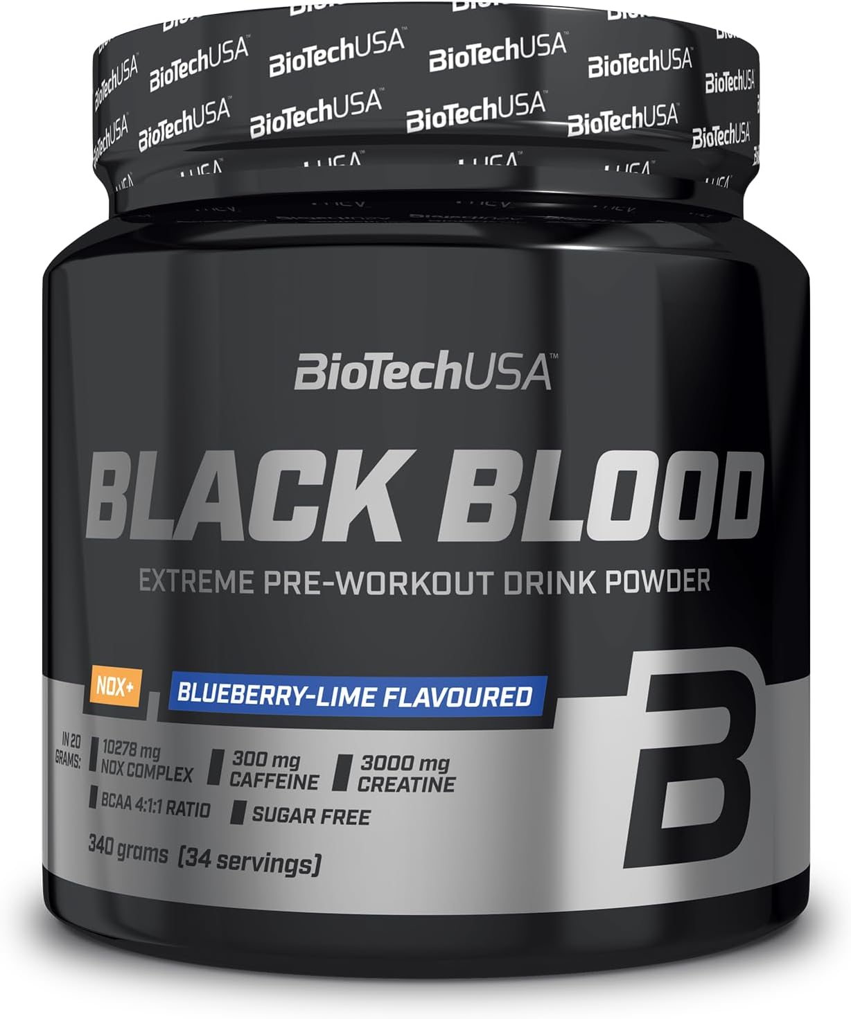 Black Blood NOX+ | Pre-Workout Formula | with Caffeine, Creatine, Tyrosine | Sugar-Free | 340 g | Blueberry-Lime