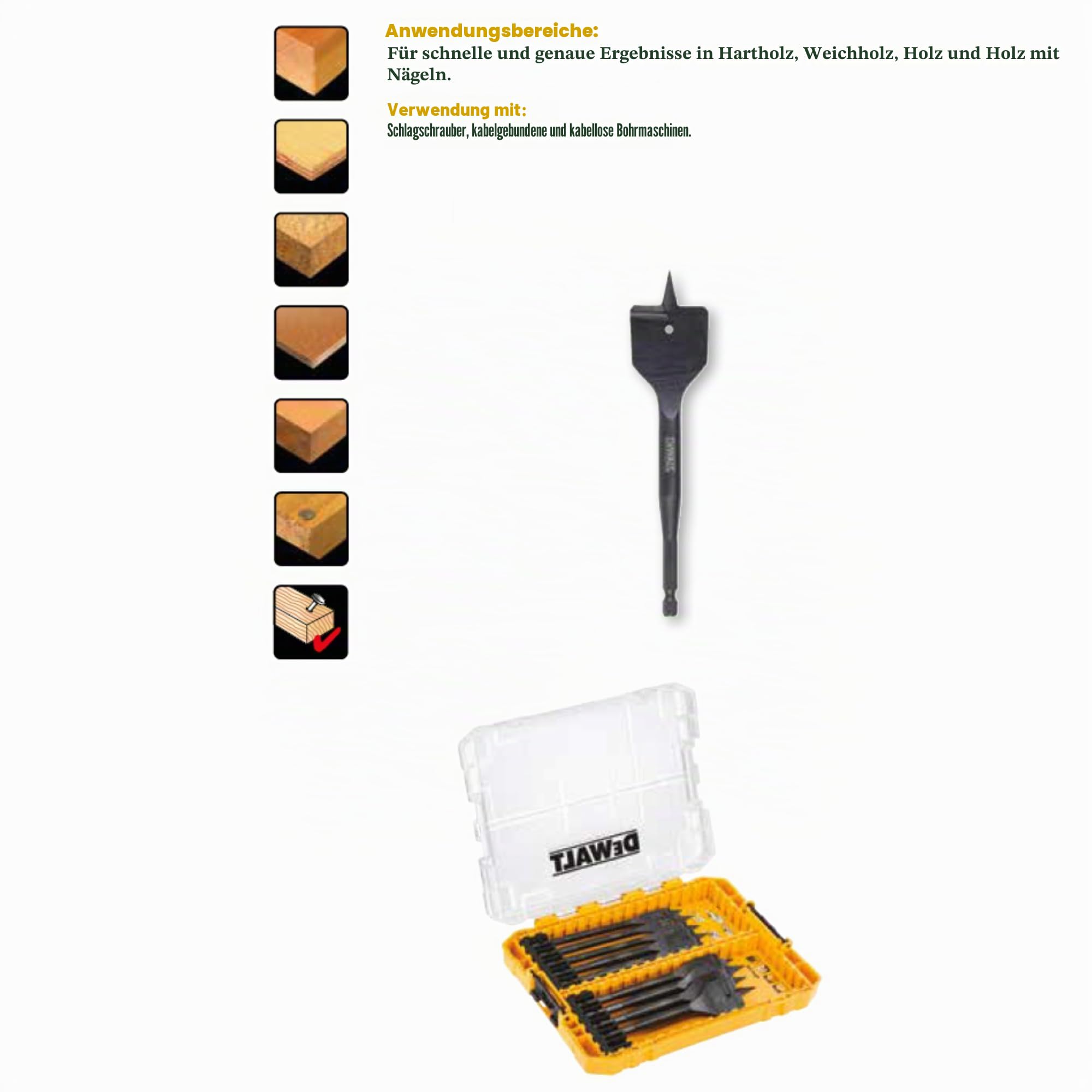 Dewalt Holz-Fräsbohrer-Set 9-tlg (12-32 mm, geschliffene Zentrierspitze, 1/4“ Schaft, für Hart-/Weichholz, Bauholz, Holz mit Nägeln geeignet) DT70751-QZ