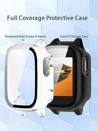 Case for Cosmo JrTrack 5 Kids Smart Watch 2025, Hard PC Screen Protector,9H Tempered Glass Ultra-Thin Full-Coverage Shockproof Bumper,(2Pack,Transparent+Black)