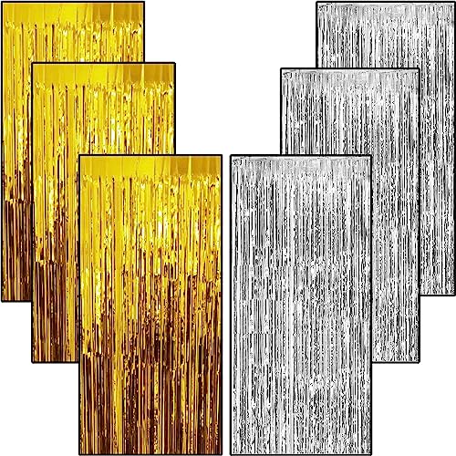Image of 6 Pieces Foil Fringe Tinsel Party Curtains for Photo Backdrop (Gold-Silver)